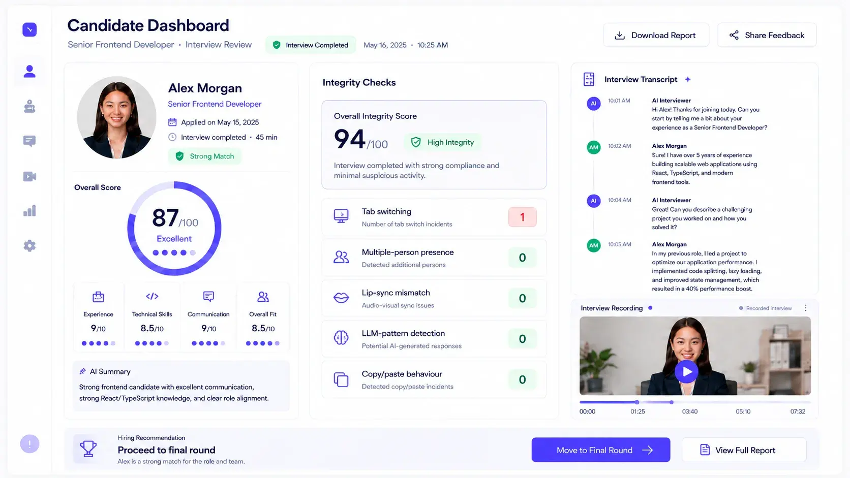 AI candidate scorecard with competency insights