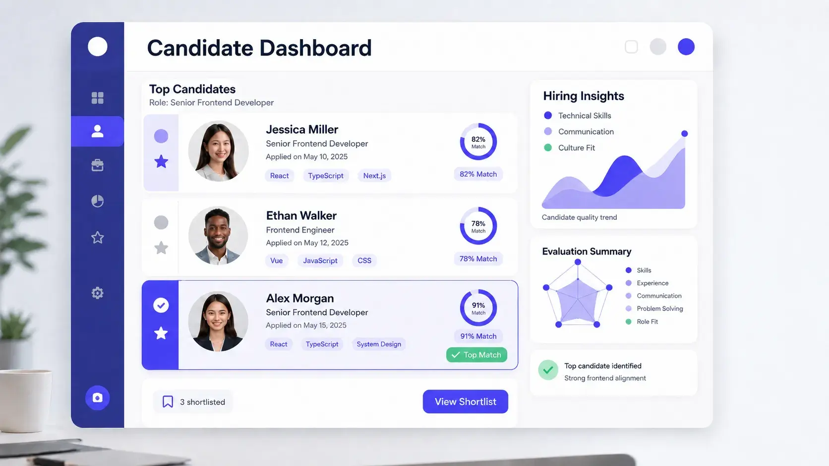 Recruiting dashboard with ranked candidate shortlist